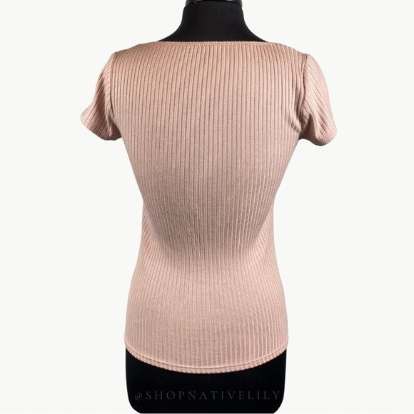 Reformation Women's Bardot Ribbed Knit Square Neck Top Sz Medium, Blush Pink - Picture 7 of 15